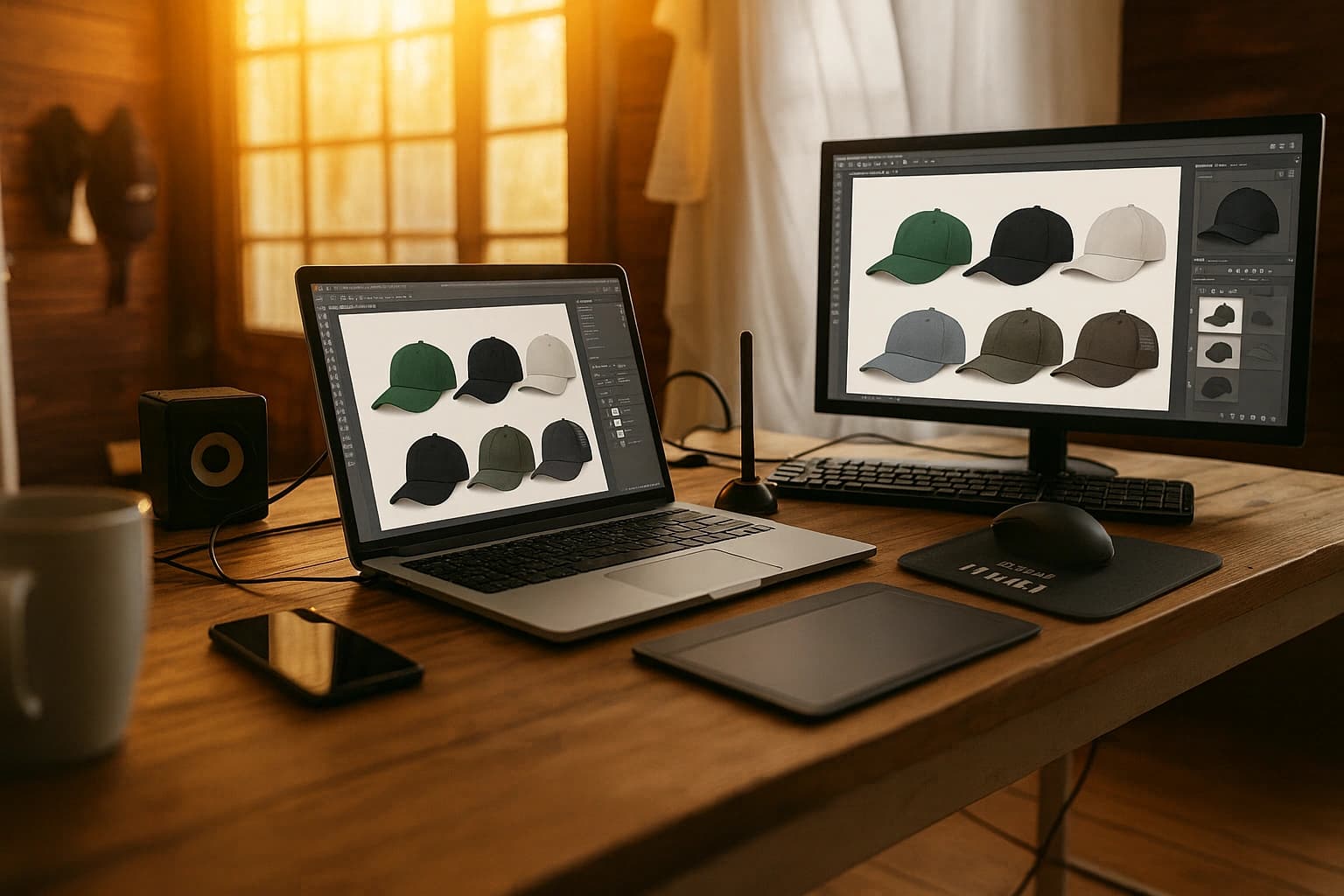 Studio desk with design tools and cap materials